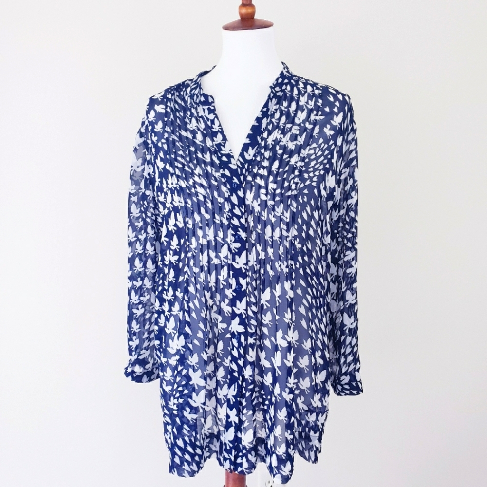 Charter Club Navy Blue White Bird Print Pleated Long Sleeve Blouse Long Tunic XL